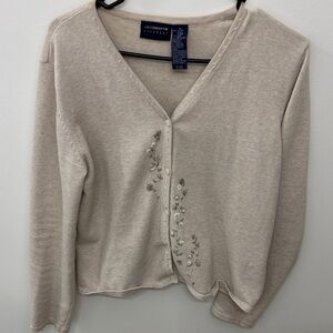 Vintage Liz Claiborne Light Tan Cardigan with Floral Details